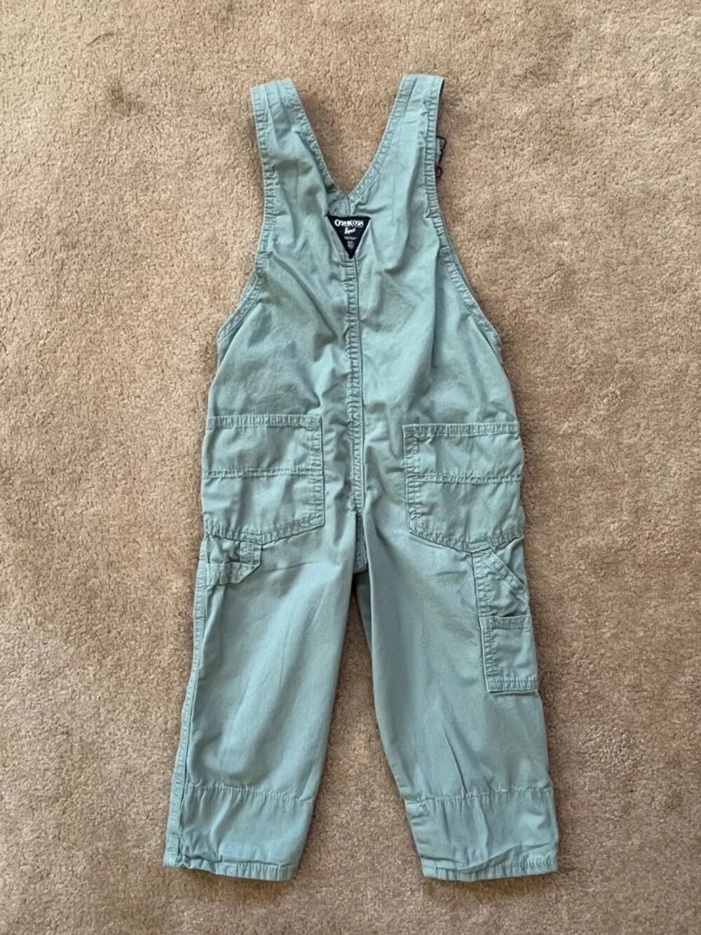 Oshkosh B'Gosh Youth Unisex 100% Cotton Green Overalls Plaid Lining Size 3T
